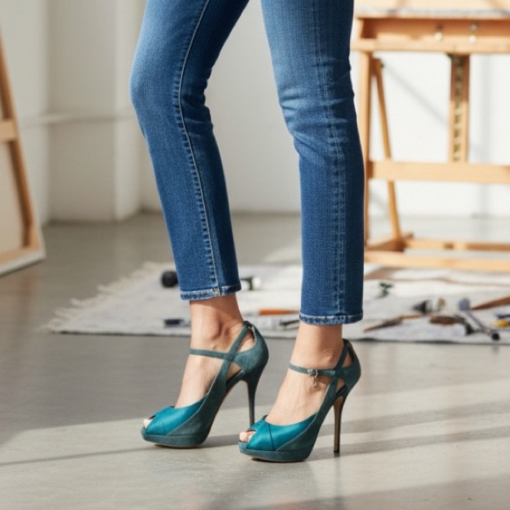 Dior Teal Platform Open Toe Satin & Suede Heels 37.5 “D” Charm